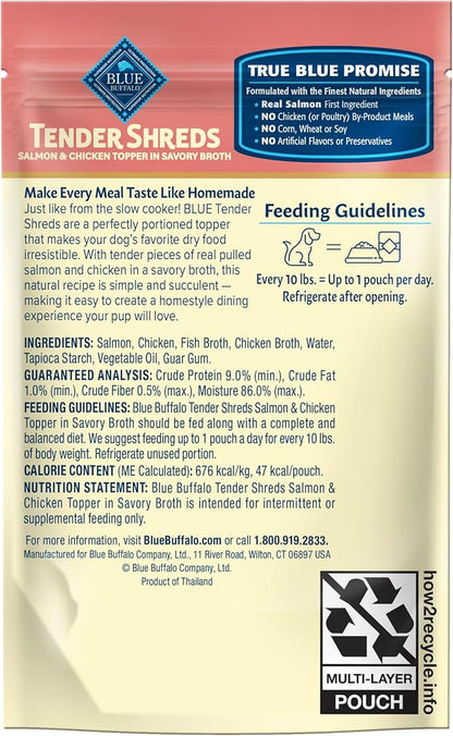 Blue Buffalo Tender Shreds Salmon & Chicken Toppers in Savory Broth, Natural Dog Food Complement, Salmon & Chicken, 2.5-oz. Pouch, 24-Count