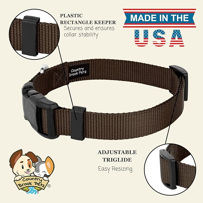 Country Brook Petz - Everyday Nylon Dog Collar for Large, Medium, and Small Dogs and Puppies - for Everyday Use in 10+ Warm Colors (Small, 3/4 Inch Wide, Brown)