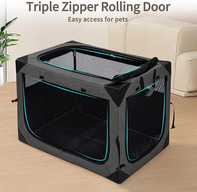 Hiaksedt Dog Crates - 36 Inch Collapsible Soft Dog Crate, 3-Door Foldable Soft Kennel for Large Dogs, Portable Pet Travel Cage with Chew Proof Mesh Window for Indoors & Outdoors（Dark Gray）