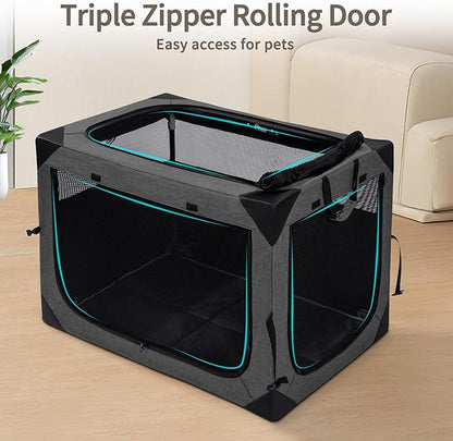 Hiaksedt Dog Crates - 36 Inch Collapsible Soft Dog Crate, 3-Door Foldable Soft Kennel for Large Dogs, Portable Pet Travel Cage with Chew Proof Mesh Window for Indoors & Outdoors（Dark Gray）