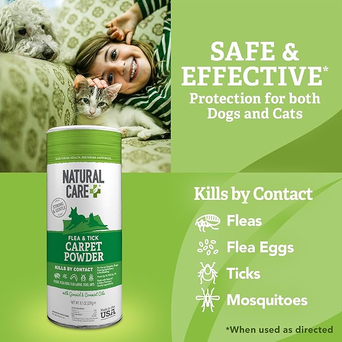Natural Care Flea and Tick Carpet Powder, Flea & Tick Treatment for Rugs, Carpet, and Pet Bedding, Pet Essential, Pest Prevention, 8.1 oz Canister (Pack of 4)