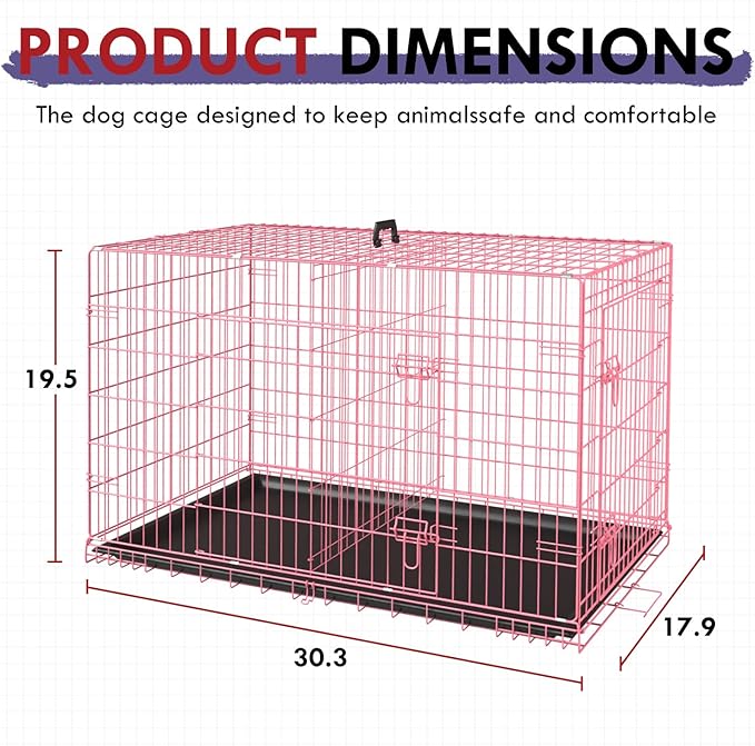 PayLessHere Large Dog Crate Kennel for Medium Large Dogs 30 inches Metal Dog Cage Double-Door Folding Travel Indoor Outdoor Puppy Playpen with Divider and Handle Plastic Tray,Pink