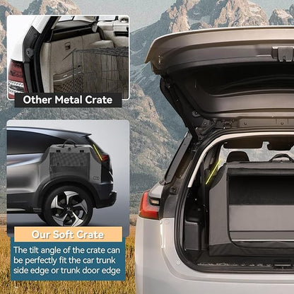 PETSFIT Dog Travel Crate, Soft Sided Dog Crate - 36 Inch Sturdy Adjustable Structure, Easy to Set Up, Collapsible Dog Crate for Car, Light Tough with 3 Mesh Doors Gray