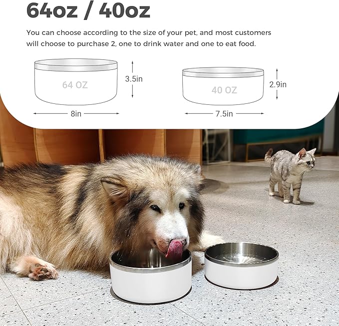 WENBOKMIN Dog Bowl, Stainless Steel Dog Food and Water Bowl with Non Slip Quiet Bottom, Easy to Clean, Dishwasher Safe, 40oz, White