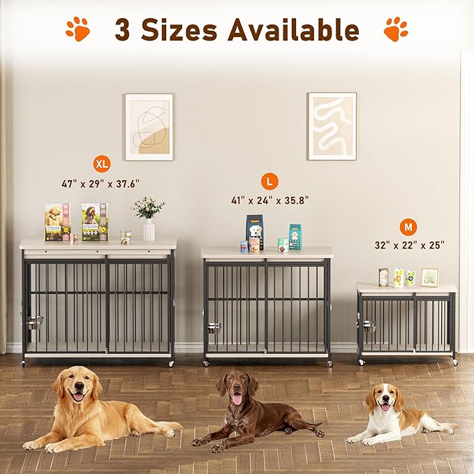 Dog Crate Furniture, 42’’ Wooden Dog Kennel Indoor with Sliding Front Door, Multi-Side Openings & Feeding Window Pet Cage House as TV Stand, End Table(Beige)