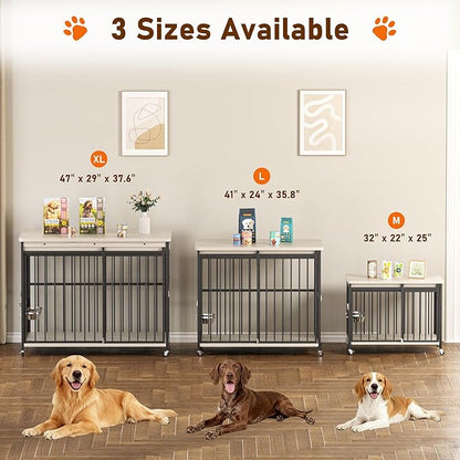 Dog Crate Furniture, 42’’ Wooden Dog Kennel Indoor with Sliding Front Door, Multi-Side Openings & Feeding Window Pet Cage House as TV Stand, End Table(Beige)