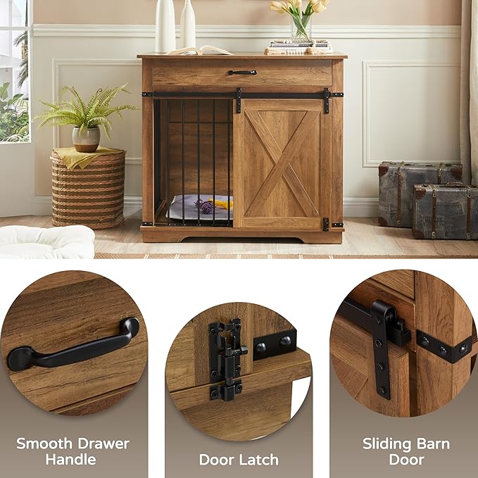 37.8" Furniture Style Dog Crates with Drawer, Farmhouse Wooden Dog Kennel Furniture with Sliding Barn Door & Water Resistant for Small/Medium/Large Dog, Rustic Oak