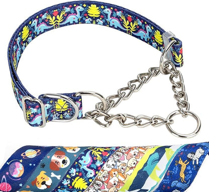 Martingale Dog Collar - Adjustable Anti-Pull Training Collar with Safe Choke Chain Design,Dinosaur Pattern for Medium,Large & XL Dogs (Dinosaur XL)