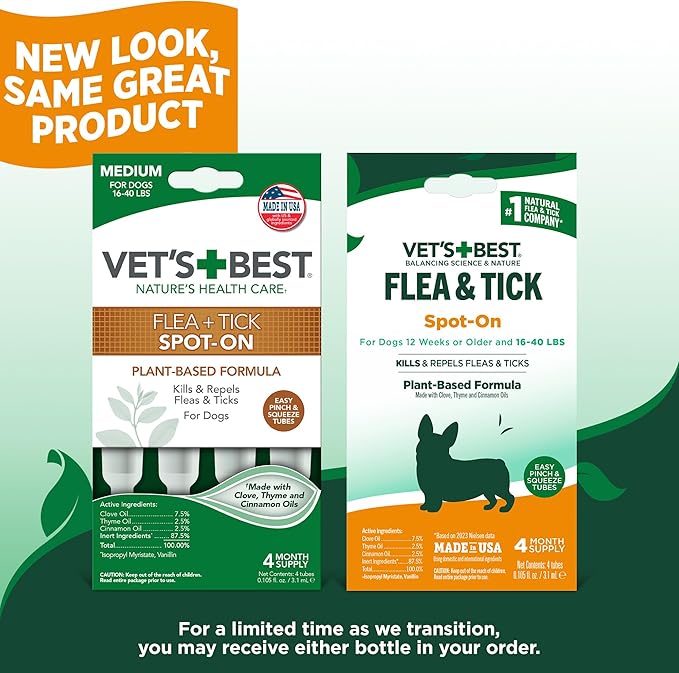 Vet’s Best Botanical Flea and Tick Drops for Medium Dogs, Plant-Based Spot-On Treatment with Certified Essential Oils, Topical Flea and Tick Prevention and Control, Botanical Pest Care, 4 Month Supply