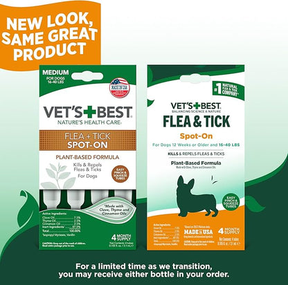 Vet’s Best Botanical Flea and Tick Drops for Medium Dogs, Plant-Based Spot-On Treatment with Certified Essential Oils, Topical Flea and Tick Prevention and Control, Botanical Pest Care, 4 Month Supply