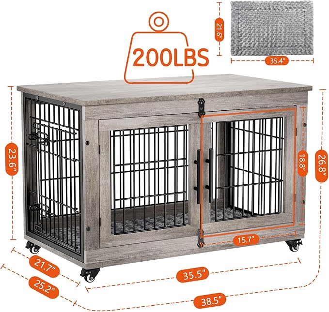 Lulive Large Dog Crate Furniture, 38'' Wooden Dog Crate End Table, Double Door Dog Kennel Indoor with Cushion & Wheels, Decorative Dog Cage House Chew-Resistant for Large/Medium, Grey