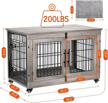Lulive Large Dog Crate Furniture, 38'' Wooden Dog Crate End Table, Double Door Dog Kennel Indoor with Cushion & Wheels, Decorative Dog Cage House Chew-Resistant for Large/Medium, Grey