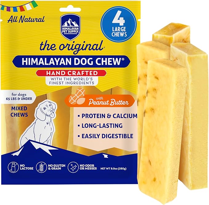 Himalayan Dog Chew Peanut Butter Yak Cheese Dog Chews, The Better-for-You Chew, 100% Natural Long Lasting, Healthy Dog Treats, Lactose & Grain Free, Protein Rich, for Dogs 65 Lbs & Smaller, 4-Count