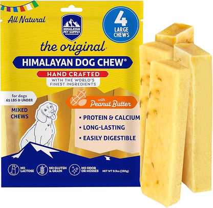 Himalayan Dog Chew Peanut Butter Yak Cheese Dog Chews, The Better-for-You Chew, 100% Natural Long Lasting, Healthy Dog Treats, Lactose & Grain Free, Protein Rich, for Dogs 65 Lbs & Smaller, 4-Count