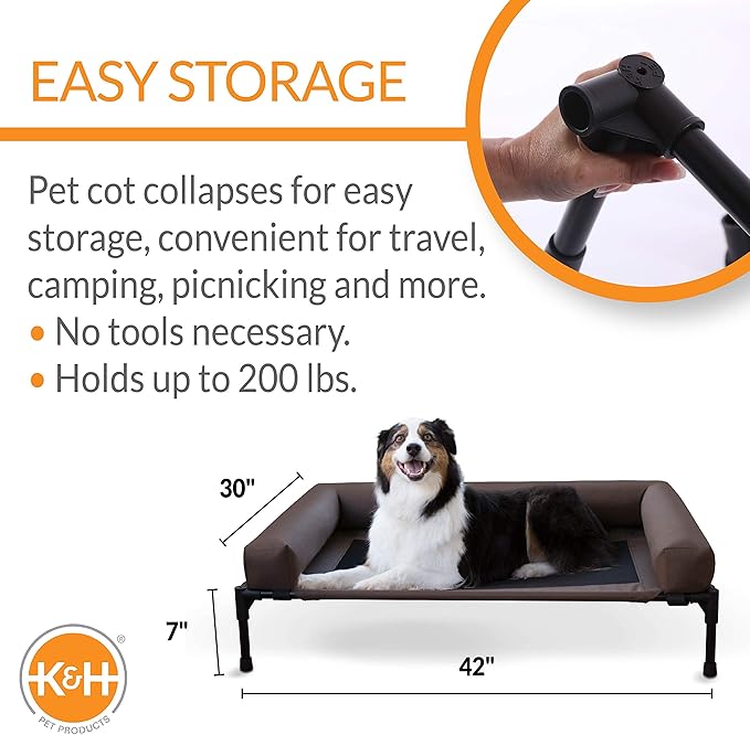 K&H Pet Products Bolster Dog Cot, Cooling Indoor Outdoor Elevated Cot Hammock Dog Bed with Removable Washable Bolsters, Washable Mesh Cover, Raised Metal Frame - Large 42 X 30in Chocolate