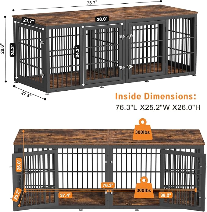rehomerance 78 Inch Double Dog Crate Furniture, Heavy Duty Extra Large Cage Furniture with Divider for 2 Dogs, Decorative Wooden Kennel Furniture Indoor, Metal Pet House for Large and Medium Dogs