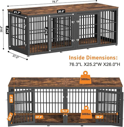 rehomerance 78 Inch Double Dog Crate Furniture, Heavy Duty Extra Large Cage Furniture with Divider for 2 Dogs, Decorative Wooden Kennel Furniture Indoor, Metal Pet House for Large and Medium Dogs