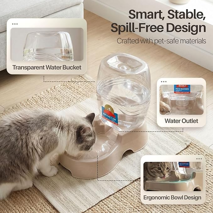 Flexzion Automatic Gravity Pet Waterer for Cat & Dog - Non-Skid & Easy-Clean Auto Replenish Water Dispenser Drinking Bowl (3/8 Gallon / 1.5L), Beige
