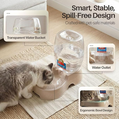 Flexzion Automatic Gravity Pet Waterer for Cat & Dog - Non-Skid & Easy-Clean Auto Replenish Water Dispenser Drinking Bowl (3/8 Gallon / 1.5L), Beige
