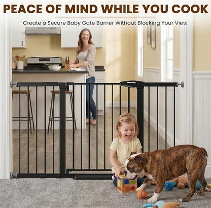 Mumeasy 29.7-57" Extra Wide Baby Gate for Doorways, Auto Close Dog Gate Indoor for Stairs, No-Drill Pressure Mounted Pet Gate with Door, Easy Walk Thru Long&Large Safety Gate for House, Outdoor, Black