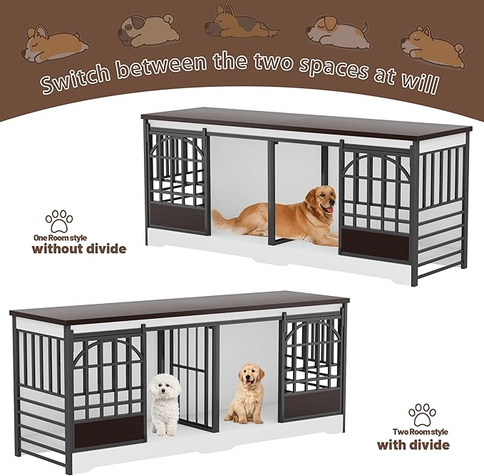 COZPAW 78 Inch Double Dog Crate Furniture, Extra Large Dog Kennel Indoor for 2 Dogs, Heavy Duty Dog Cage with Divider, Wooden Dog House Decorative Table TV Stand for XLarge Dogs (White&Brown)