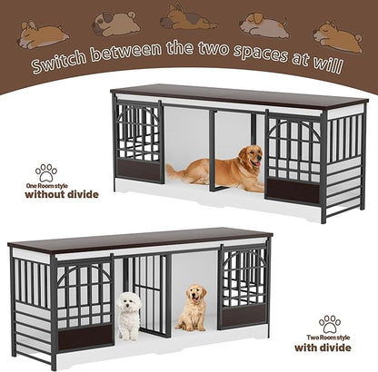 COZPAW 78 Inch Double Dog Crate Furniture, Extra Large Dog Kennel Indoor for 2 Dogs, Heavy Duty Dog Cage with Divider, Wooden Dog House Decorative Table TV Stand for XLarge Dogs (White&Brown)