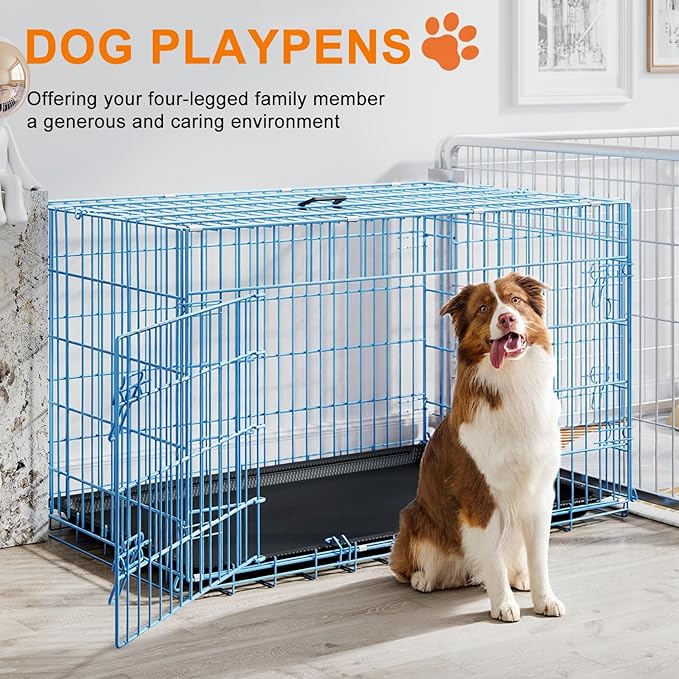 FDW XL Dog Crate 48inch Dog Cage Foldable Metal Kennel with Leakproof Tray Foldable Design Indoor Outdoor Use for Extra Large Dogs,Blue