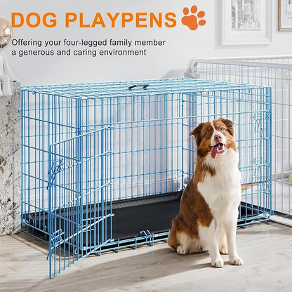 FDW XL Dog Crate 48inch Dog Cage Foldable Metal Kennel with Leakproof Tray Foldable Design Indoor Outdoor Use for Extra Large Dogs,Blue