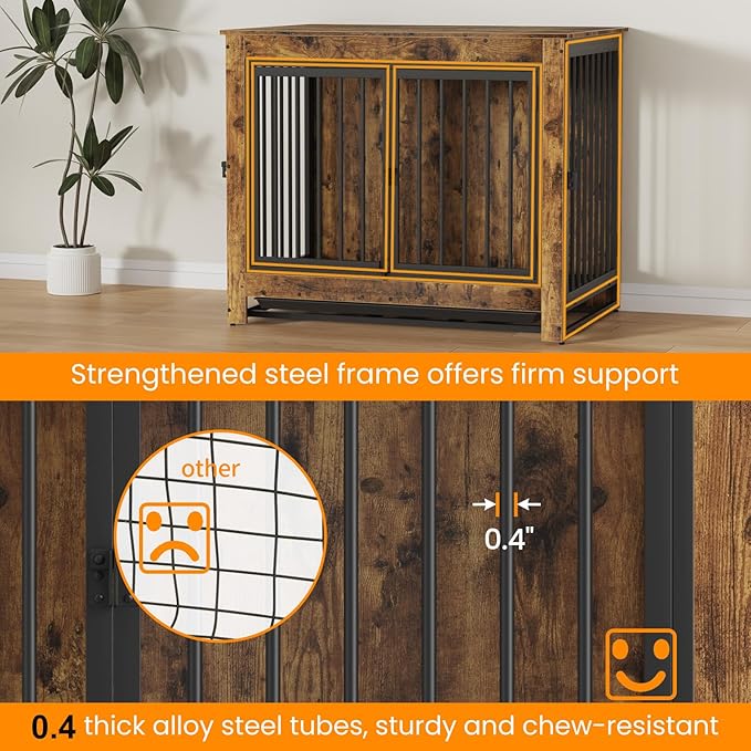 Derfullo Dog Crate Furniture, 38 Inch Indoor Dog Kennel for Medium Dogs Up to 50 LBS, Heavy Duty Wooden Pet Cage End Table with 3 Doors, Alloy Steel Frame & Removable Tray