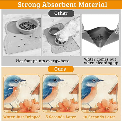 Dog Bowl Mat,Blue Bird Pet Feeding Mat for Floors Waterproof,Fall Leaves Absorbent Dogs Placemat for Food and Water Quick Dry Pet Cat Feeding Mats with Non Slip Bottom 12" x 20"