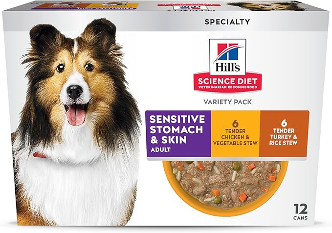 Hill's Science Diet Adult Sensitive Stomach & Sensitive Skin Wet Dog Food Variety Pack, Chicken & Vegetable Stew, Turkey & Rice Stew, 12.5 oz. Cans, 12-Pack