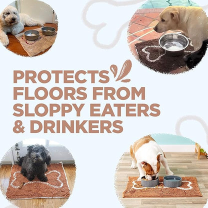Soggy Doggy Slopmat Dog Food Mat – Absorbent Microfiber Chenille Pet Feeding Mat for Food & Water Bowls, Muddy Paws Small Doormat, Non-Slip, Machine Washable Rug – Beige/Red Bone, 18” x 24”