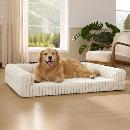 Bedsure ComfyFleece™ Orthopedic Dog Beds for Extra Large Dogs, Waterproof Memory Foam XL Pet Bed with Sides, Non-Slip and Egg-Crate Foam Big Dog Couch Sofa with Washable Corduroy Cover, Cream