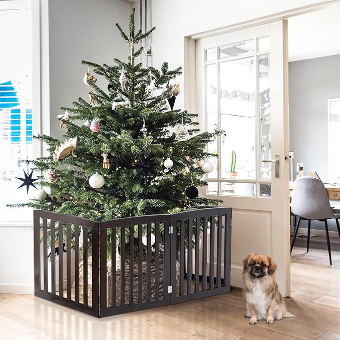 Dog Gate Pet Gate Indoor for Stairs Doorways 82x24 Inch 4 Panels Dog Fence Extra Wide Wooden Black