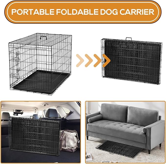 Dog Crate, 42 Inch Large Double Door Portable Dog Cage, Metal Wire Pet Kennel with Secure Lock, Leak-Proof Pan Tray, Foldable Design for Dogs Pets Indoor Training and Outdoor Trave