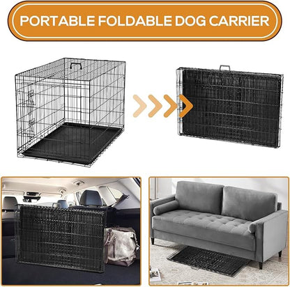 Dog Crate, 42 Inch Large Double Door Portable Dog Cage, Metal Wire Pet Kennel with Secure Lock, Leak-Proof Pan Tray, Foldable Design for Dogs Pets Indoor Training and Outdoor Trave