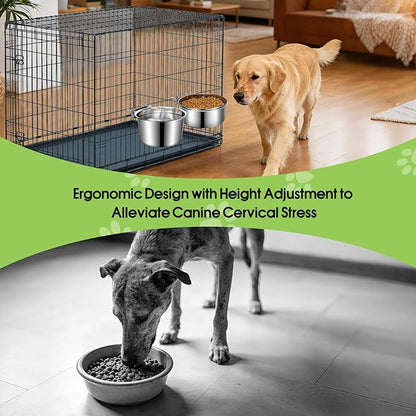 2 Pack Dog Crate Water Bowl No Spill, Stainless Steel Dog Bowls for Food and Water, Pet Kennel Hanging Dogs Food Bowls for Medium/Large Dogs and Cats (7.1"x3.7" & 6.3"*2.6", Silver)