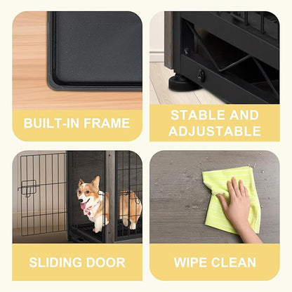 JY QAQA Wooden Crate Furniture, Double-Doors Indoor Kennel Table, Dog House, Cage/Grey/M