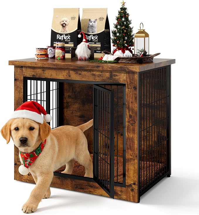 Dog Crate Furniture with Thick Cushion, Side End Table Wooden Dog Cage with Double Doors, Chew-Resistant Dog Kennel Dog House Indoor for Small to Large Dog