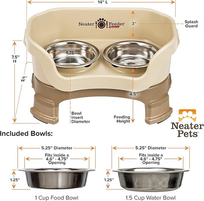 Neater Feeder Deluxe Mess-Proof Elevated Cat Bowls, 2 Height Adjustable (6” & 7.5”) No-Spill Raised Cat Bowl Stand, Whisker Friendly Stainless Steel Dishes for Indoor Cats, Made in USA, Cappuccino