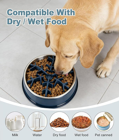 Slow Feeder Insert for Dog Bowl, Mabnuby 100% Food-Grade Silicone Slow Feeder Insert Fits Large Medium Small Size Dogs, Compatible with Regular & Elevated Bowls, Helps Prevent Digestive Issues, Blue