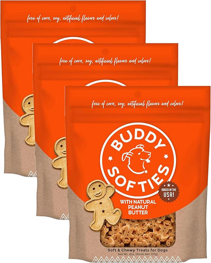 Buddy Biscuits Softies Pouch, Soft & Chewy, Natural Peanut Butter Flavor Dog Treats, Oven Baked in The USA, 8 oz (Pack of 3)