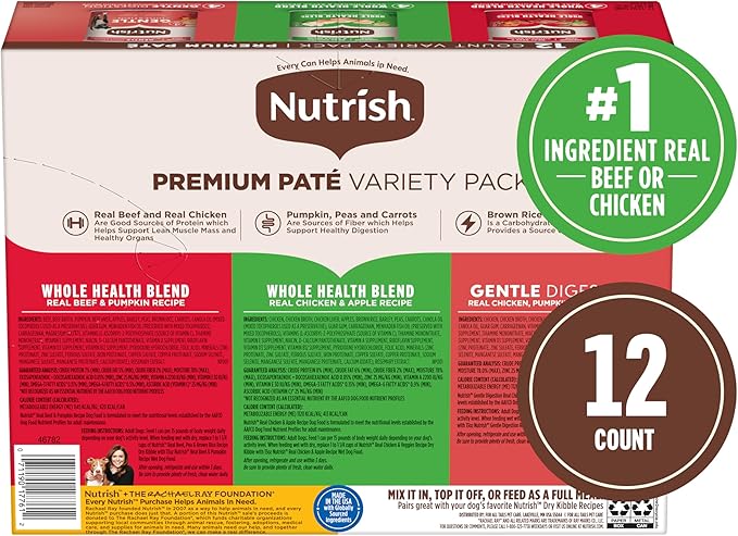 Nutrish Gentle Digestion and Whole Health Blend Premium Paté Variety Pack Wet Dog Food,13 oz. Can,Packaging May Vary (Rachael Ray),(Pack of 24)