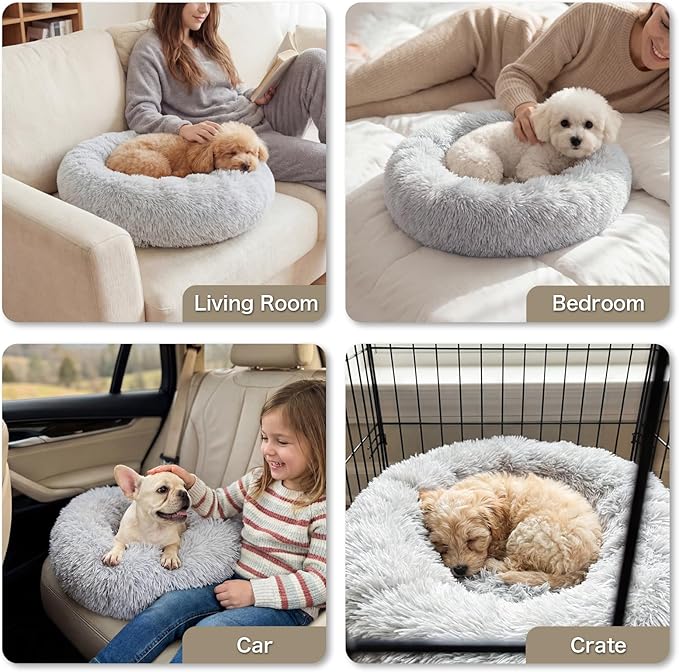 WROS Calming Dog Bed, 24" x 24" x 6" Fits Cat & Dog, Anti-Slip Round Washable Faux Fur for Doze Off, Napping Orthopedic, Grey