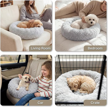 WROS Calming Dog Bed, 24" x 24" x 6" Fits Cat & Dog, Anti-Slip Round Washable Faux Fur for Doze Off, Napping Orthopedic, Grey