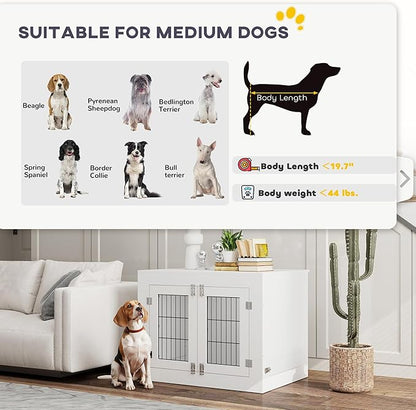 PawHut Dog Crate Furniture w/ 360° Rotatable Removable Dog Bowls, Dog Kennel Furniture w/Two Doors, Non-Slip Foot Pads, Furniture Dog Crate End Side Table for Medium Dogs, 31.5" x 24" x 25", White