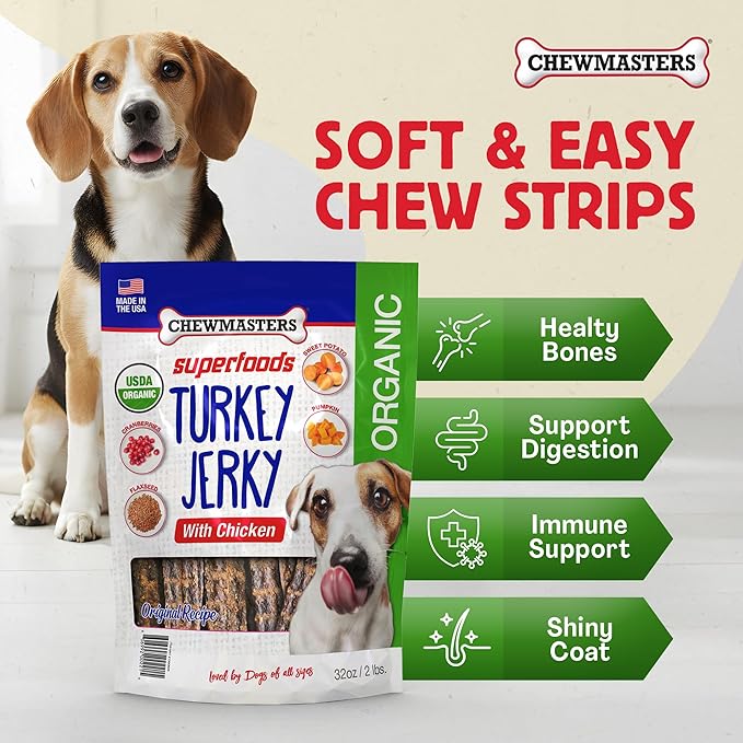 Chewmasters Organic Turkey Jerky with Chicken Dog Treat for All Life Stages - Fresh and Healthy Turkey Dog Treats - High Protein, Real Meat Snack, Grain Free, by-Product Free - USA Made, 2lb