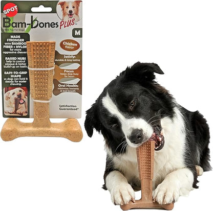 SPOT Bam-Bones Plus T-Bone Dog Chew Toy, Bamboo Fiber & Nylon, Chicken Flavor, Durable Non-Splintering Chew for Moderate to Aggressive Chewers, Dogs 30-60 lbs, 6 Inch