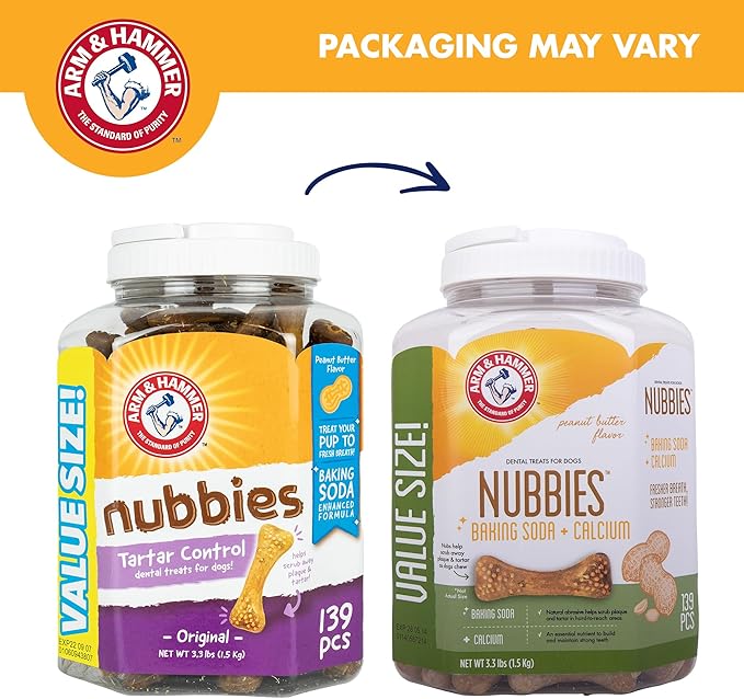 Arm & Hammer for Pets Nubbies Dental Treats Value Size - Baking Soda & Calcium Dog Dental Chews, Helps Scrub Plaque & Tartar While Chewing, Peanut Butter Flavor, 139 Count, 52.8 Oz