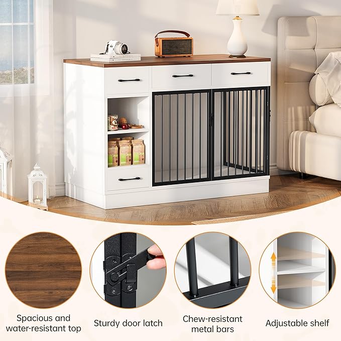Dog Crate with Hidden Feeder Bowl & 3 Storage Drawers - 47.2" Wooden Dog Cage Indoor with Adjustable Shelf, 2 Doors Dog Kennel Furniture for Medium & Small Dogs, Multi-Functional Pet End Table